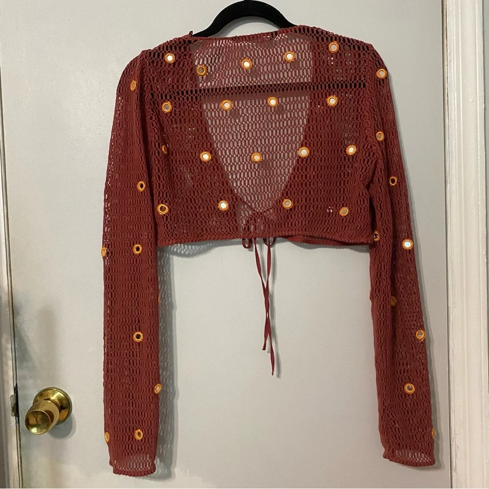 {Zara} Mesh Cropped Cardigan / Swim Cover With Mirror Details ~ Size Medium